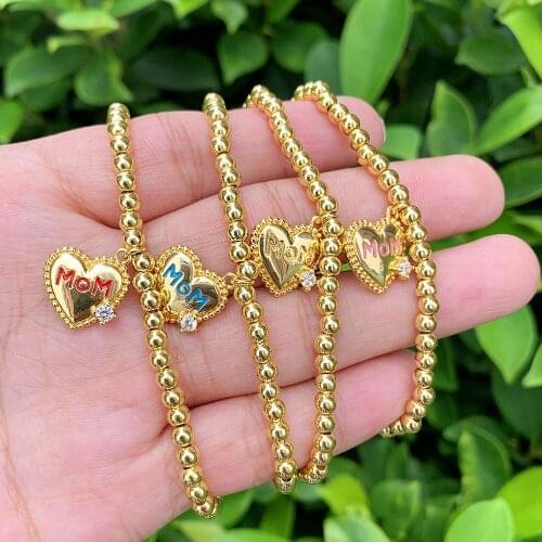 Elastic Bead Bracelet Delicate Mothers Gift Zircon Heart Shape Brass Pendant Accessories 18K Gold Plated Bead Chain Bangle