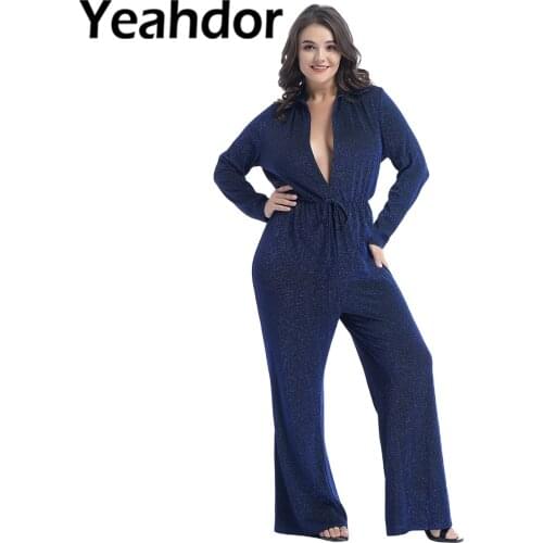 Plus Size Women Clothing Jumpsuit Long Sleeves Turndown Collar Deep V Neckline High Waist with Straps Flash Powder Streetwear