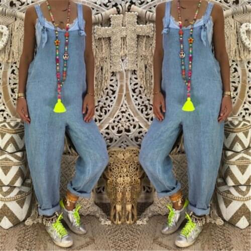 Women Baggy One-Piece Jumpsuits Female Overalls Denim Bib Jumpsuits 2019 New Arrival Sleeveless Plus Size Jumpsuit Long Trousers
