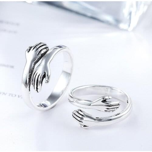 Love Hugging Hand Ring Couple Jewellry for Girls Women Adjustable Open Hug Ring Vintage Silvertone Lady Hugging Hands Ring K27DG