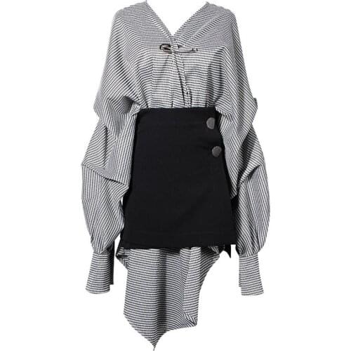 Women Plaid Shirt Dress Asymmetrical Oversize Loose Pins Deco Heavy Weight+High Waist Skirt Two Piece Set