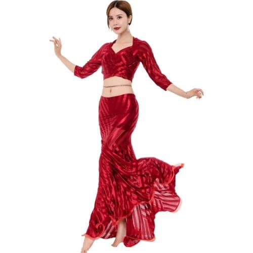 Sexy Belly Dancewear Flocking V-Neck Solid Color Slimming Push Up Professional Performance Show Handmade 2021 Stage Dress Suits