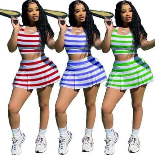 ZKYZWX Sexy Striped Two Piece Club Outfits Vest Crop Top Mini Dresses for Women Birthday Summer Clothes Tracksuit Matching Sets