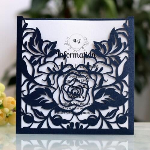 100pcs Hollow Pocket Laser Cut Wedding Invitations Card Square Rose Flower Customize Greeting Card Event Party Favors Supplies