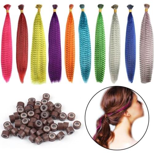10PCS Long Rainbow Colors Feather Hair Extensions + 20PCS Silicone Beads for Professional Salon Party Night Club Random Colors
