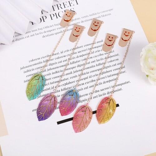 2PCS Gradient Color Bronzing Leaf Bookmark Pendant Chain Book Clip Face Page Folder Business Gift Book Mark DIY School Supplies