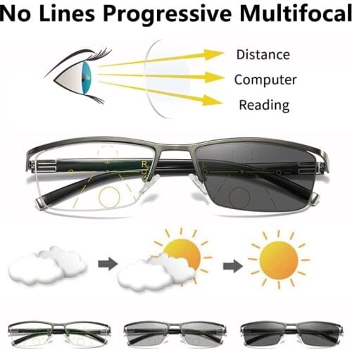 2021 Outdoor Photochromic Multifocal Reading Glasses Men Progressive Anti-blue light Half-Frame Shade the sun Presbyopic Eyewear