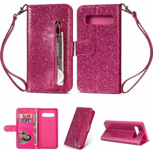 50pcs/lot Glitter Zipper bag newest cover for samsung galaxy S6 S6 edge S7 S7 edge S8 S9 plus S10 lite plus leather stand case