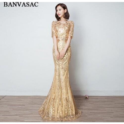BANVASAC Illusion O Neck Sequined Half Sleeve Mermaid Long Evening Dresses Elegant Party Metal Leaf Sash Prom Gowns