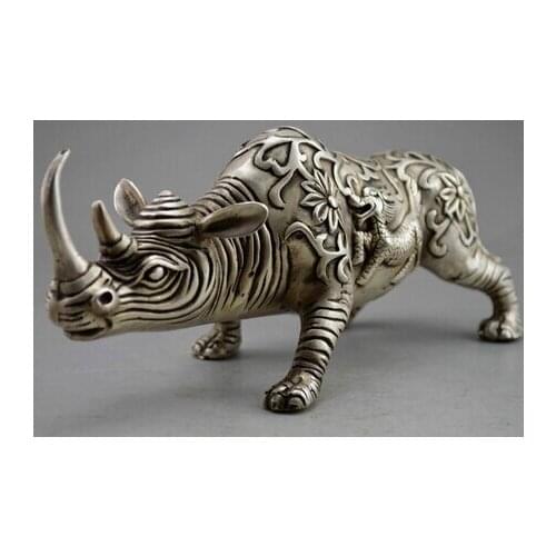 Big 10“ Copper Brass CHINESE crafts Asian Elaborate Chinese feng shui handmade white copper animal rhino statue