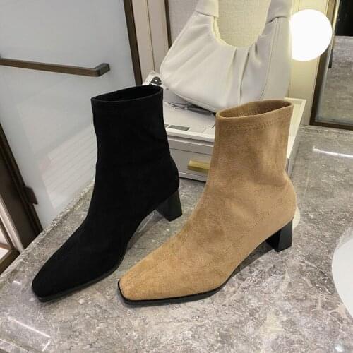 Fashion Sock Boots Square Toe Black/Beige Stretch Boots Woman Spring/Autumn Elegant Slip On Thick High Heels Fashion Shoes 35-40