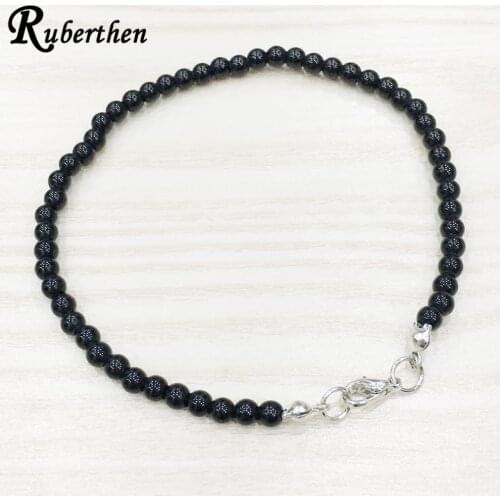Ruberthen Black Onyx Anklet 4 mm Trendy Stone Bracelet Mini Gem Stone Energy Jewelry