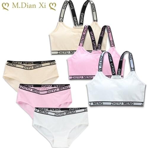 Cotton Girls Bra and Panty Sets Teenage Girls Cotton Padded Training Bra + Panties Kids Sports Bra Panties Underwear 12-16Years