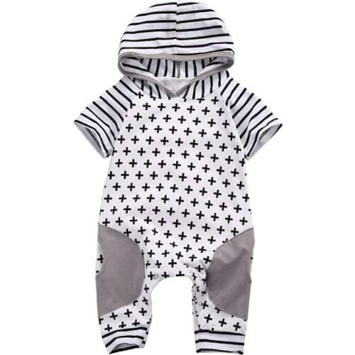 One Piece Baby Girls Boy Hooded Rompers Cross Jumpsuit Playsuit Short Sleeve Cotton Rompers Geometric Print Outfits Clothing