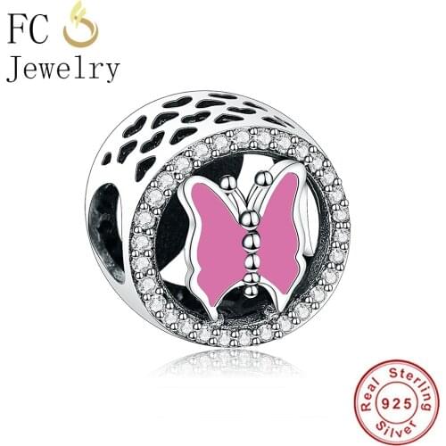 FC Jewelry Fits Original Brand Charm Bracelet 925 Sterling Silver Pink Enamel Butterfly Beads For Making Women Berloque 2021