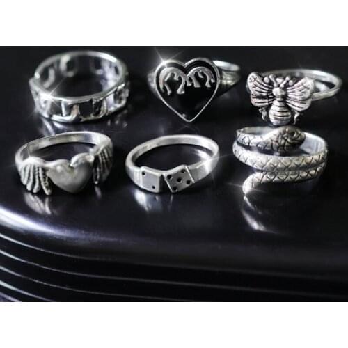 6Pcs Punk Silver Color Flame Heart Rings For Women Goth Kpop Snake Bee Dice Animal Unisex Couple Fashion Jewelry Gift