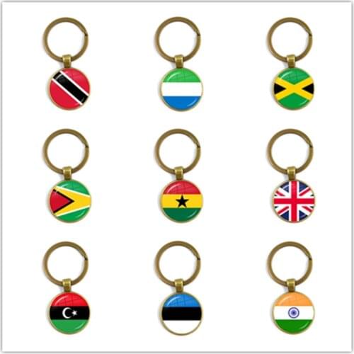 Trinidad,Sierra leone,Jamaica,Guyana,Ghana,UK,Libya,Estonia,India 25mm Glass Cabochon National Flag Keychain Key Ring Gift