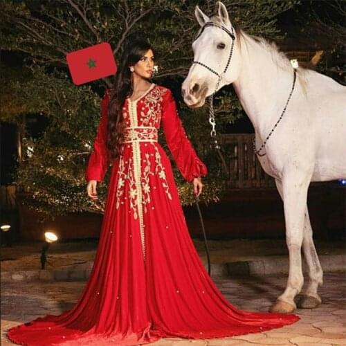 Red Chiffon Moroccan Kaftan Evening Dress Full Sleeve Beaded Applique Muslim Gown Arabic Muslim Special Occasion Formal Dress