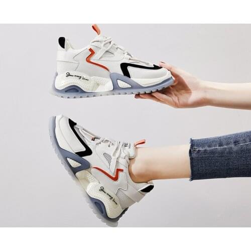 New Chunky Sneakers Genuine Leather Woman Shoes Breathable Casual Lace Up Mesh Dad Soles Internal Increase Platform Footwear 7cm