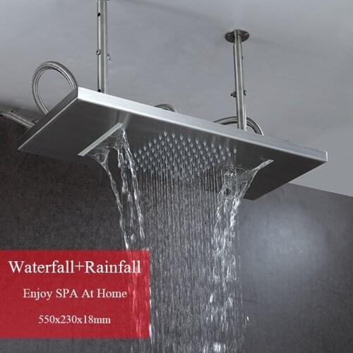 55*23cm Shower Head Rainfall Waterfall Brushed Shower Panel Rain Bathroom Fixture Accessories Rectangle Shower Rose Water Saving