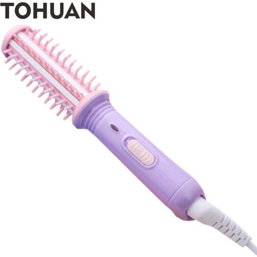 TOHUAN Mini Travel Curling Iron Hair Brush Ceramic Tourmaline Ionic Curler Brush Hair Iron Anti-Scald Portable Curling Wand