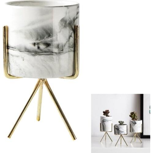 Nordic Home Minimalist Style Marble Vase Wrought Iron Tabletop Succulent Flower Pot Gold + White Ceramic