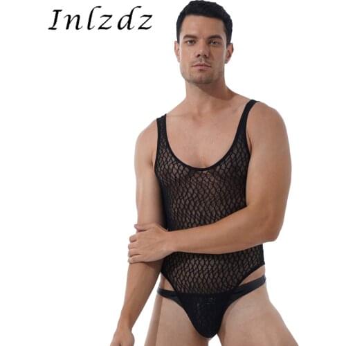 Mens Lingerie Hot Teddies See-through Mesh Bodysuit Underwear Round Neck Sleeveless Wrestling Singlet Athletic Leotard Nightwear