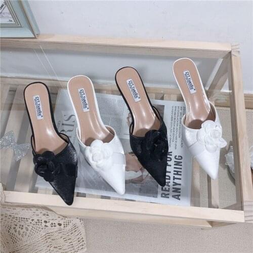 Spring/Summer Women Slippers Pointed Toe Shallow Slides Slip On Mules Shoes Thin Mid Heels Casual Outdoor Slippers Size 35-39