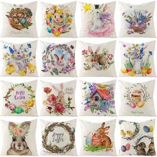 Home Decor Throw Pillow Covers Easter Rabbit Print Cushion Cover Farmhouse Sofa Back Cushion Cover Linen Pillow Case 45X45CM