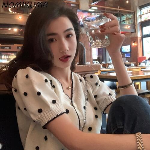 Nomikuma Dot Fashion Puff Sleeve V-neck Cardigan Sweater Women Single Breasted Summer New Knitted Top 2021 Korean Knitwear 6J626