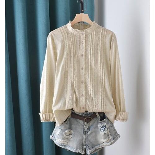 Lamtrip Solid Pleated Ruffled Collar Polka Dots Long Sleeve Casual Shirt Blouse Vintage 2021 Spring