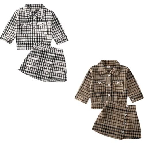 1-5Y Kids Baby Girls Winter Clothes Sets Plaid Print Warm Coat Tops+A-Line Skirts Formal Outfits 2PCS