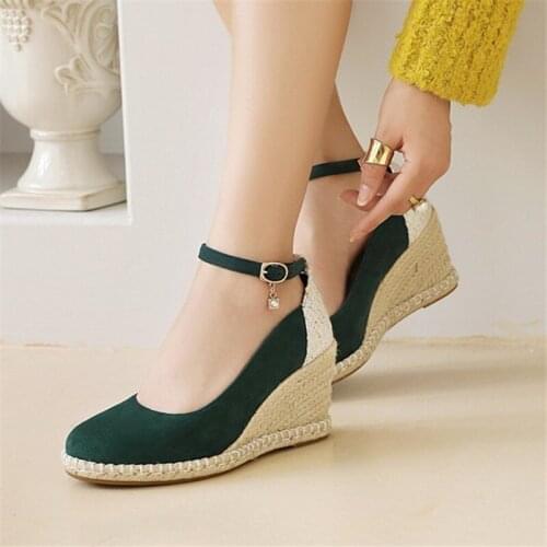 PXELENA 2021 Spring Women Ankle Strap Faux Suede Round Toe Wedge High Heels Shoes Plus Size 34-44 Daily Office Lady Pumps Autumn