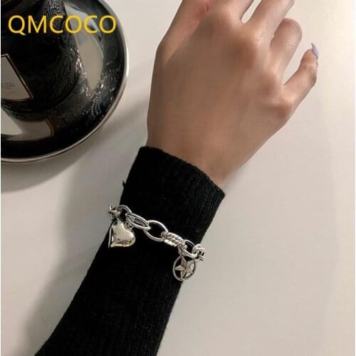 QMCOCO Korea 925 Silver Vintage Heart Star Shape Pendant Bracelet For Women Thai Silver Light Luxury Bracelet Jewelry Gifts