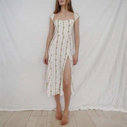 Women Dresses Summer 2021 Boho Vintage Floral Print Beach Dress Sweetheart Neck Sexy Side High Slit Elegant Chiffon Midi Dress