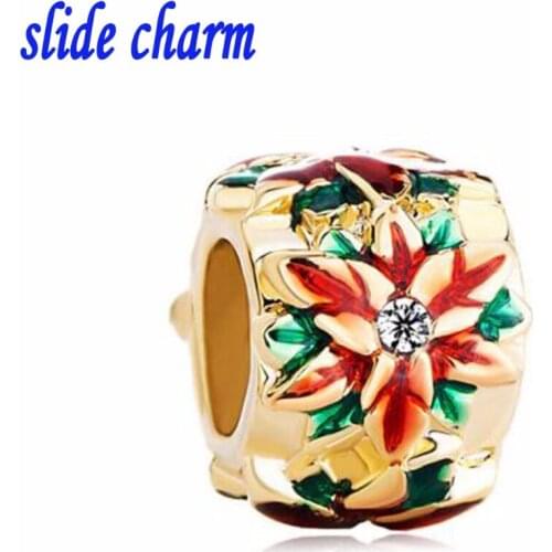 Slide charm Free shipping Red and green buds dotted with white crystal charm beadss fit Pandora bracelet