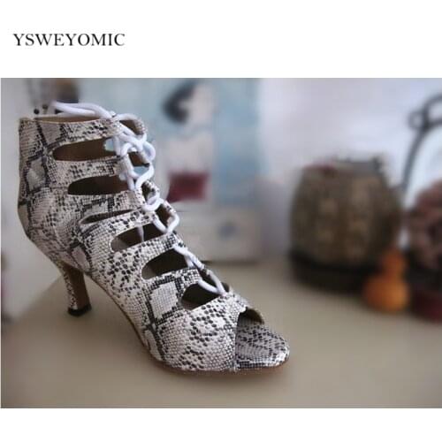 2021 High Quality Serpentine Leather PU Dance Boot Salsa Bachata Latin Women Dance Shoes In meduim Heel Leather Sole