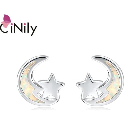 CiNily Moon & Star White Fire Opal Silver Plated Women Zircon Jewelry Stud Earrings OH4774