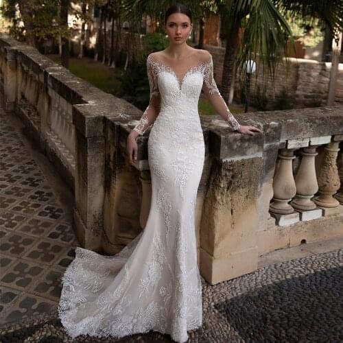 Vestidos Elegant Wedding Dresses Netting Appliques Crystal V-Neck Full Sleeve Covered Button Mermaid Bridal Gowns