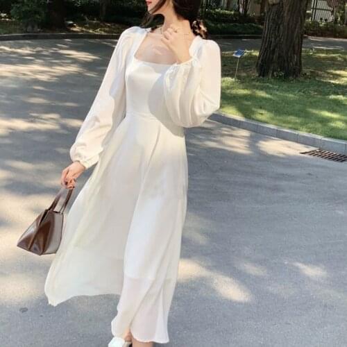 French Vintage White Midi Dress Women Casual Long Sleeve 2021 Autumn Clothes Korea Evening Party Pure Color Dress Office Lady