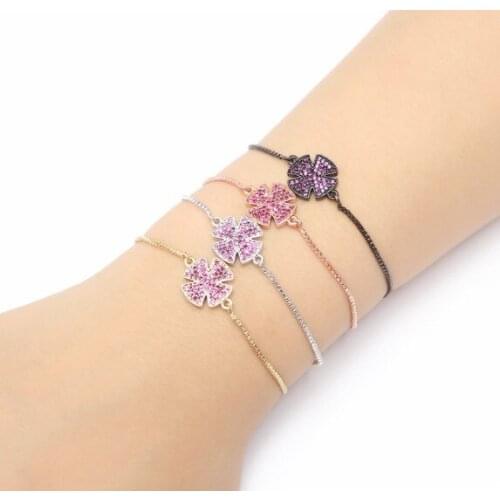 Gold silver Chain bracelet micro pave cz rope Cubic Zirconia adjusted Macrame f2 clover Bangle Jewelry