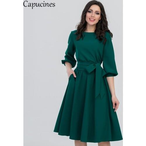 2020 Autumn Vintage Soild Lantern Sleeve A-Line Dress Women Elegant O-Neck Half Sleeve Pocket Sashes Knee-Length Casual Dress
