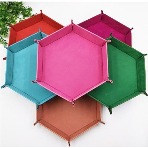 23cm Hexagon PU Leather Velvet Cloth Tray Foldable Dice Trays Table Games Desktop Storage Box Home Decoration Tray 10 Colours