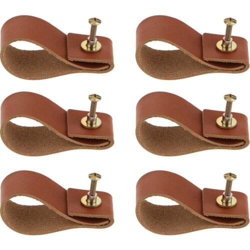 6pcs Leather Cabinet Wardrobe Door Handles Drawer Pull Knob Light Brown