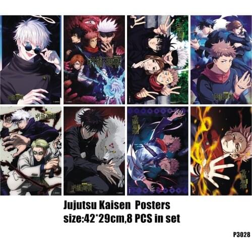 8 PCS/LOT Anime Jujutsu Kaise Satoru Gojou Yuuji Megum Embossing Posters Sticker Toy Sorcery Fight Comic Wall Picture 42cm*29 cm