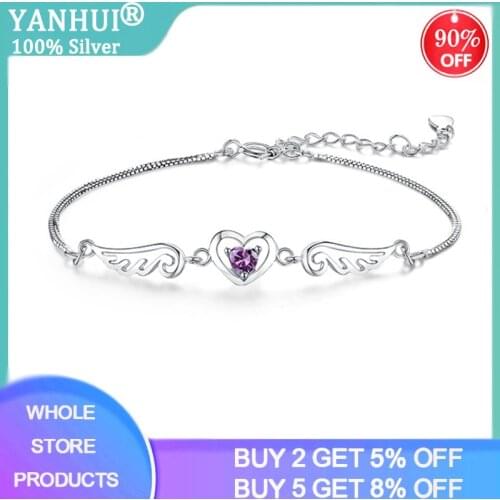 925 Sterling Silver Hot Selling For Women Cute Purple Love Heart Angel Wings Silver Bracelets Gift Wedding Jewelry Wholesale