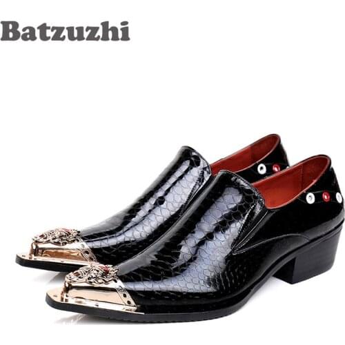 Batzuzhi Luxury Men Shoes Nightclub Pointed Metal Toe Black Leather Dress Shoes Men for Business/Party, Big Sizes US6-12