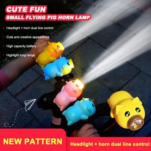 Children Cartoon Cute Piggy Bicycle LED Headlight Horn Bell USB Rechargeable Kids Bike Front Lights Horns Flashlight Night
