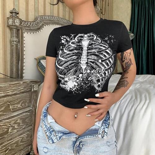 Punk Bodycon T-shirt Crop Top Vintage Graphic Black skull print 90s sweet girl vintage Tshirt female Aesthetic slim Streetwear