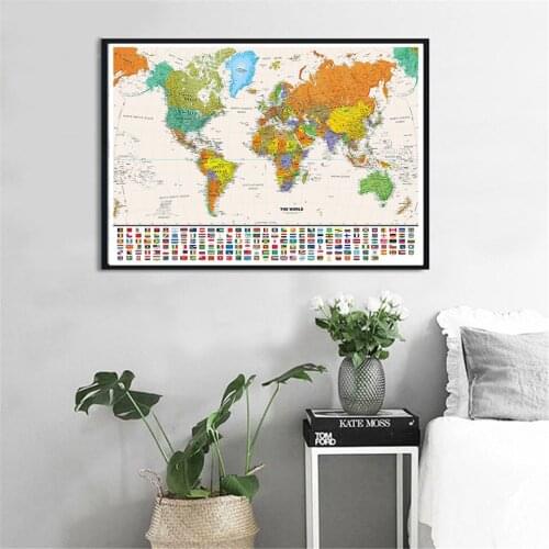 90*60 Cm The World Map with National Flags Vintage Poster Canvas Painting Wall Decor Home Decoration Children School Supplies